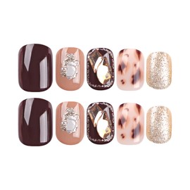 24pcs Glitter Gold Press on Nails Short Square Fake Nails Set Burgundy Brown Stick on Nails Removable Glue-on Nails Full Cover Acrylic Fake Nails Set Women Brides Nail Art Accessories