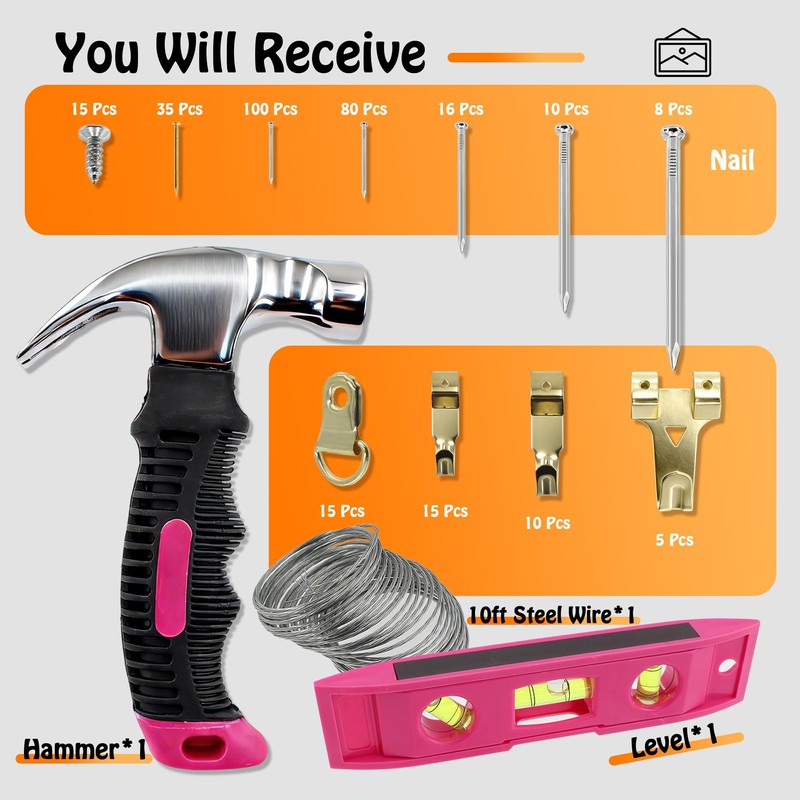 SHRJ Picture Hanging Kit Hanging Hardware Assorted with Magnetic Hammer