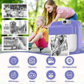 Kids Camera Instant Print with Flip Lens, Digital Camera Print Photos for Toddler Toys, HD Camcord 1080P Video, Portable Travel Toys Birthday Gift for 4 5 6 7 8 9 10 Years Girls Boys Purple