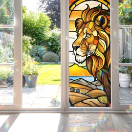 Decorative Lion Stained Glass Window Film, Lion Stained Glass Window Film for Bathroom Door Heat Anti UV RA02