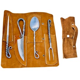 Hand Forged Viking Cutlery Set Knife Knives Black Silverware Set With Leather Cover- Medieval 4 Pcs Kitchen Utensils Set, Viking Cutlery Set Knife Spoons And Forks Set- Dinnerware Sets
