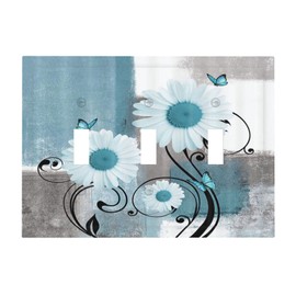 Flower Daisy Floral Teal Gray Abstract 3 Gang Light Switch Cover Decorative TripleToggle Wall Plate Electrical Switchplate Standard Size Facplate for Kitchen Bathroom Bedroom Decor