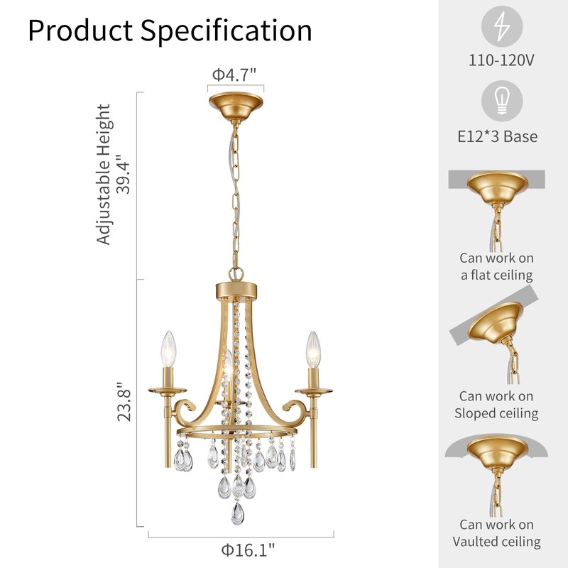 WUZUPS Candle Chandelier 3-Light Pendant Ceiling Light Modern Lighting Fixture