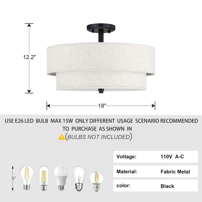 Leading Lighting 18 Inch Double Drum Linen Fabric Shade Black