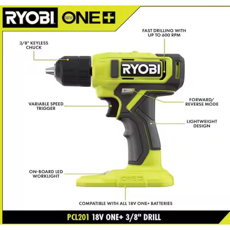 Ryobi 18V Cordless 3/8 in. Drill/Driver (Tool Only) PCL201
