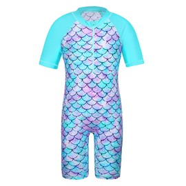 TFJH E Swimsuit for Girls Sun Protection 50+ Bathing Suit Swimwear Swimming Costumes Fish Scale Cyan Short 10A