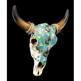 Figuren Shop GmbH Cattle Skull 31.5 cm Decorated with Mosaic and Gemstones | Wall Relief Trophy Head Cow Longhorn Horns Bull