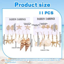 11 Pairs Shell Earrings, Starfish Earrings for Women, Various Styles of Shell Earring, Summer Holiday Jewelry for Beach Parties and Vacation Accessories