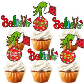 18pcs Red Glitter Merry Christmas Dessert Cupcake Topper Xmas Elf Hand Pendant Theme Decoration Baby Shower Boys Girls Happy Birthday Party Decor Supplies