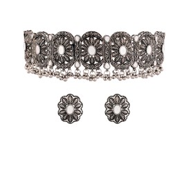 I Jewels Oxidised Silver Plated Afghani Choker Necklace Jewellery Set for Women 