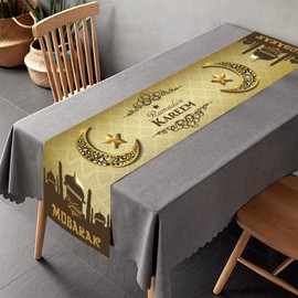 Eid Mubarak Table Runner Ramadan Mubarak Tablecloth Table Cover Mosque Lattern Islamic Decor for Ramadan Home Room Dinning Table Decoration 180x35cm (Gold)
