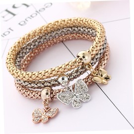 COLLBATH Fashionable Women's Elastic Bracelet Set Inlay Popcorn Chain Diamond Pendant Tricolor Bracelet for Women