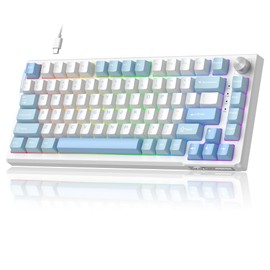 MageGee SKY81 75% Mechanical Gaming Keyboard, Hot Swappable Wired Custom Creamy Keyboards with 5-Layer Sound Dampening, Knob Control, RGB Backlit, NKRO for Win/Mac (Ice Sea Blue, Pink Bear Switch)