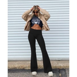 MOOSLOVER Women Flare Leggings Fold Over Bootcut Yoga Pants Casual Y2K Lounge Pants Comfy Cotton Leggings(M,Black)