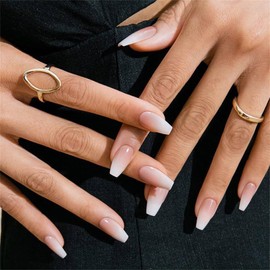 French Tip False Nails - 24pcs Medium Square Press on Nails - Removable Full Cover White gradient French Tip with Glue - Stick On Nails For Women Girls Nail Art Gift