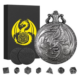 Mini DND Dice Set with Steampunk Winged Flying Dragon Pocket Watch Shell Case, 7pcs Polyhedral Metal Dice Set, DND Starter Set, D&D Gifts with Gift Box, Role Playing Board Game Accessories, Silver
