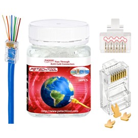 RJ45 23AWG Cat6a Cat6 Large Connector Gold Plated 8P8C Pass Through Plug UTP Network Ends for Unshielded Twisted Pair Solid Wire & Standard Cables | Transparent Passthrough Ethernet Insert（50Packs）