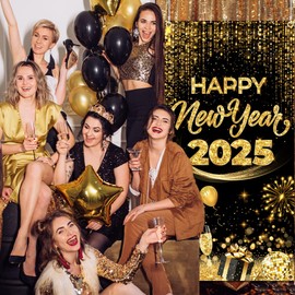 Happy New Year Door Cover 2025 New Year Party Decoration Glitter Black Gold New Year Eve Hanging Door Banner Cheers Champagne Fireworks Photo Background Indoor Outdoor Holiday Party Supplies