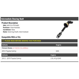 Marketplace Auto Parts Intermediate Steering Shaft - Compatible with 2012-2019 Toyota Camry