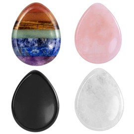TUMBEELLUWA 4pcs Teardrop Thumb Worry Stones Healing Chakra Crystal Stones for Anxiety Relief Polished Quartz Palm Pocket Stones Set, White & Black & Pink & 7 Chakra