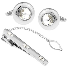 Silver Round Crystal Cuff Tie Clip Set n02995, Brass, No Gemstone