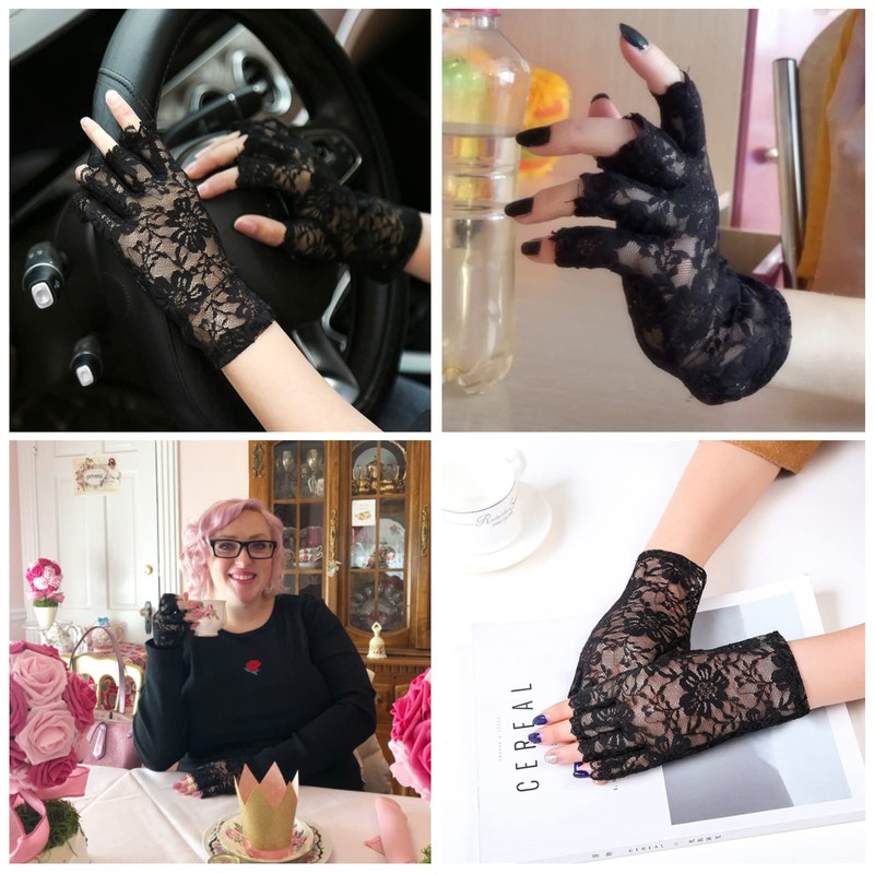 Tidyworm Women's Lace Gloves, Fingerless, UV Protection, Summer, Stylish, Floral