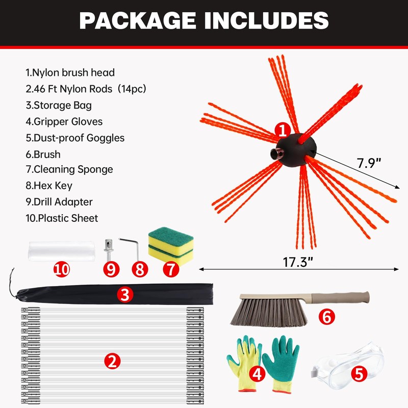 Morinoli Chimney Sweep Kit - 46 Feet, Chrome Button Locking