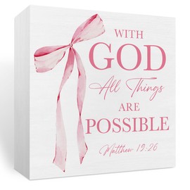 Pink Room Decor, Christian Bible Verse Decoration, Christian Gifts for Women, Pink Coquette Bow Decoration, Birthday Gift for Women,Inspirational Wooden Box Sign Office Accessories Decor-Matthew 19:26