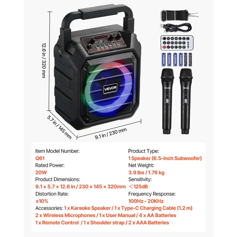 VEVOR Portable Karaoke Machine 6.5-inch Bluetooth Speaker for Adults with