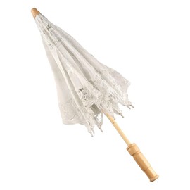 GUEDKIKL White Lace Parasol Umbrella, Cotton Embroidery Bridal Umbrella with Wooden Handle Vintage Wedding Bridal Lace Sunshade Umbrella Ornament for Costume Photography Prop