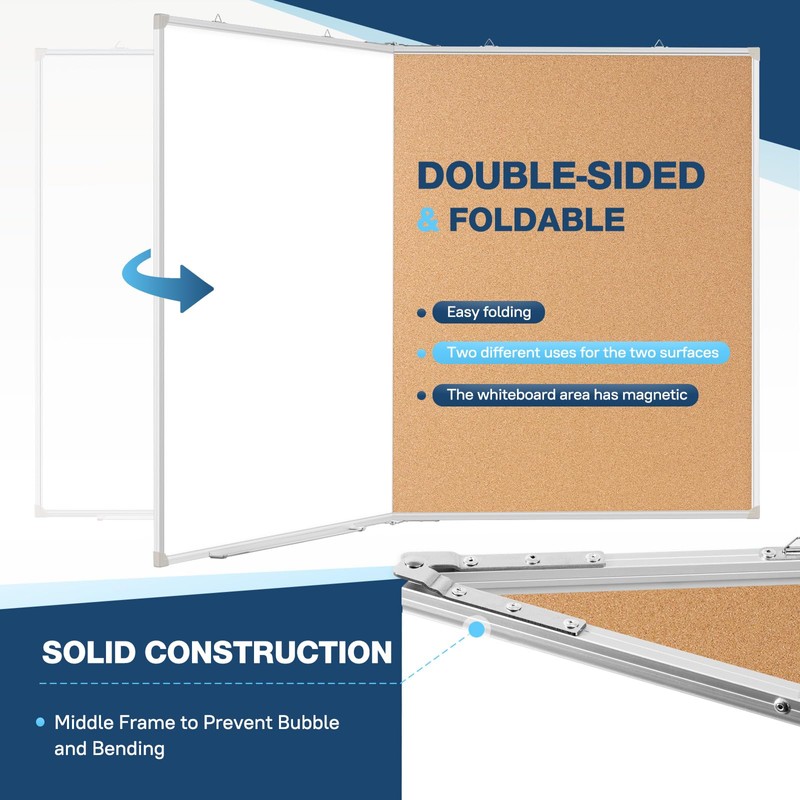 Large White Board Dry Erase Foldable Cork Board Combo, 48"