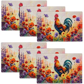 Rooster Flower Placemats Set of 6 Poppy Floral Table Mats Colorful Washable Place mats for Party Kitchen Dining Decoration 12x18 Inch