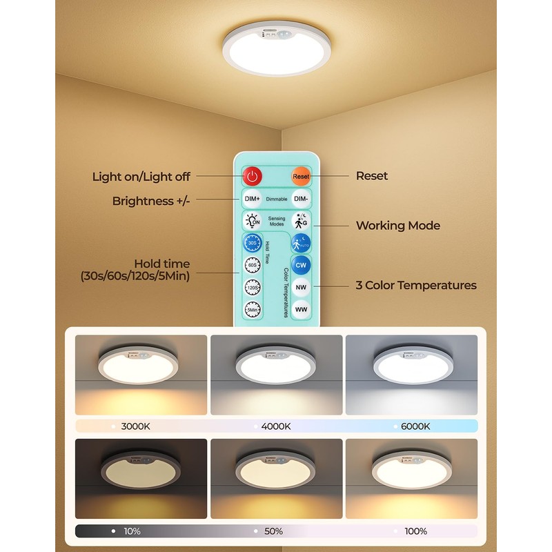 BLNAN Rechargeable Motion Sensor Ceiling Light with Remote, Dimmable Closet