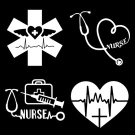 GORGECRAFT 4Pcs 4 Styles Nurse Heartbeat Bumper Decals White Heart Stethoscope Lifeline Car Sticker Waterproof Reflective Women Automotive Exterior Decor Stickers for SUV Truck Motorcycle Doors Walls