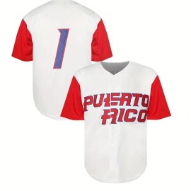 Wholesale Men's Puerto Rico Baseball Shirt - Embroidered Number 1 and Name Baseball JerseySize: L, Color: White