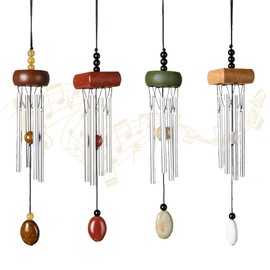 Paquete de 4 carillones de viento plateados pequeños con gotas de cerámica en blanco, campanillas de viento de jardín de metal con diferentes tubos de campana de len, sonido calmante de armonía, mini decoración de porches para exteriores, i-lan