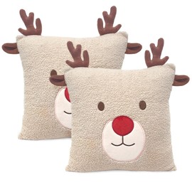 ApisNest Christmas Cushion Cover Square Throw Pillow Case 18x18 inch Christmas Reindeer Pillowcases 3D Embroidery Deer Xmas Decorations for Sofa Couch 2Pack (Khaki)