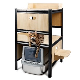 Bartuke Cat Litter Box Enclosure, Double Layers Cat Litter Box Shelves with Metal Frame Hidden Litter Box Furniture Wooden Storage Cabinet for Living Room, Bedroom, Balcony