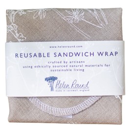 Reusable Sandwich Wrap in Natural Linen with Food Grade Washable, Waterproof Lining. Hand Printed. Perfect for picnics, Packed lunches, Hikers, Walkers and Cyclists. Size 30x30cm