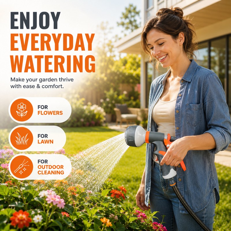 8-Pattern Garden Hose Nozzle for Watering – Adjustable Spray Gun