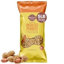 Wellsley Farms Unsalted and Roasted In-Shell Peanuts - USA Grown Whole Peanuts with Shell - Non-GMO, Low Sodium and Cholesterol Free - Shell-Cracking Snack for Game Day, BBQ and Travel - 5 lb Bag