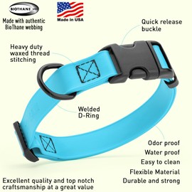 Dogline Biothane Waterproof Dog Collar with Quick Release Buckle Strong Coated Nylon Webbing with Odor- Proof for Easy Care Easy to Clean Fits Small Medium Large Dogs, Cyan Blue 1" W 15-25" L