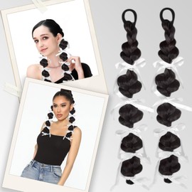 2 PCS Bubble Ponytail Wig Braid Extension Ribbon bow decoration Lantern braid Hair Extension Headband for Women Girls Daily Wear Hair Accessories (Black brown)