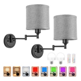 GOODATE Battery Operated Wall Sconce with Remote Control, 15 Colors Dimmable Wireless Wall Sconces Set of Two, Rechargeable Cordless Wall Sconce Light, Swing Arm Wall Lamp with Grey Fabric Shade