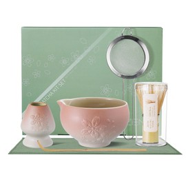ZENS Matcha Whisk Set, 16oz Ceramic Matcha Bowl with Spout and Bamboo Whisk, (Chasen Holder) Scoop & Tea Towel and Sifter, 6pcs Matcha Kit for Matcha Ceremony, Sakura Pink