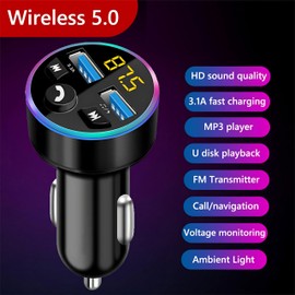 Bluetooth FM Transmitter, YCTech Universal Car Charger Adapter with Dual USB Fast Charging, USB-C Converter, Hand-Free Calling, Wireless Radio Receiver & Music Player Deep Bass