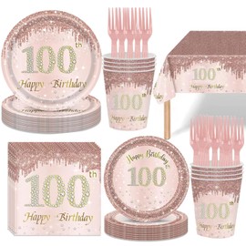 121Pcs 100th Birthday Party Supplies Plates Napkins Cups Forks Tablecloth Rose Gold Happy 100th Birthday Themed Disposable Tableware Decorations Serves 24 Guests for Women 100 Years