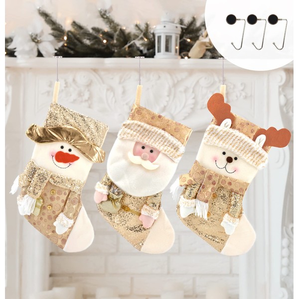 Fassory Christmas Stocking Set of 3 with Anti-Slip Hooks Hangers,