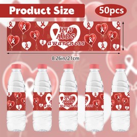 URROMA 50Pcs AIDS Awareness Water Bottle Labels World AIDS Day Waterproof Bottle Stickers Red Ribbon Drinks Wrappers for AIDS/HIV Awareness Event
