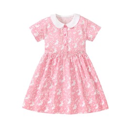 Tifimoy Toddler Girls' Pink Short Sleeve Dress - White Collar Cotton Bunny Print Summer Outfit, Soft Playful Dress for Kids 2-8 Years